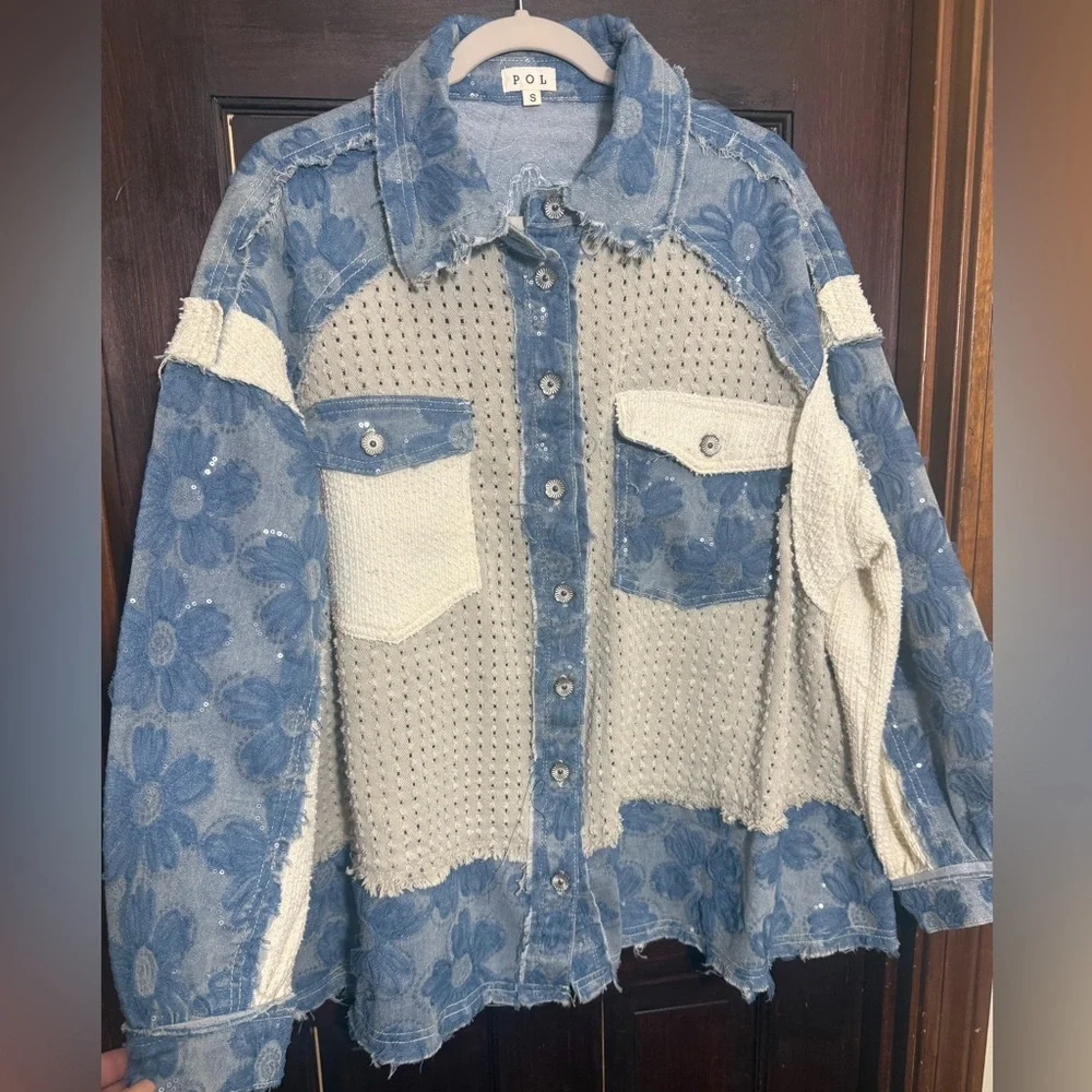 NWOT POL Textured Flower and Knit Jacket in Double Latte Multi - Picture 2 of 16